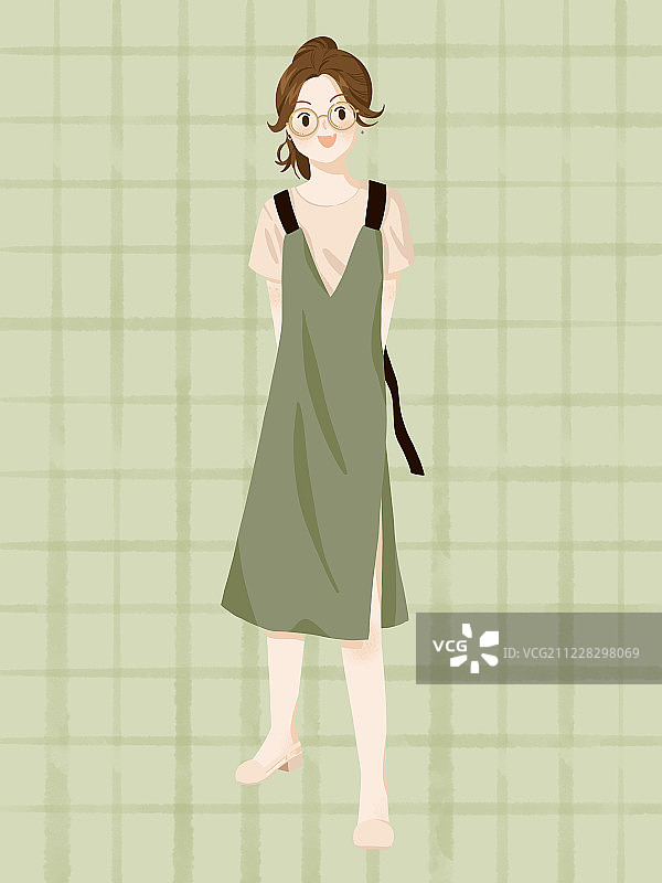 绿色背带裙马尾辫戴眼镜的少女插画图片素材