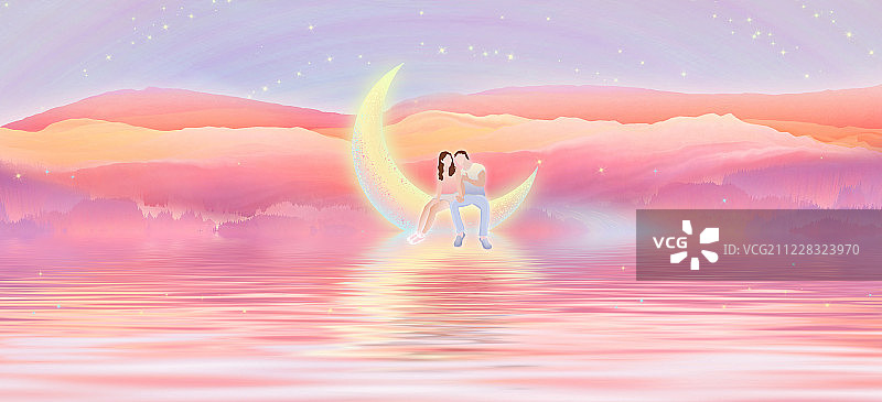 星空下山坡下一条河流缓缓流动，一对情侣牵手约会坐在月亮上图片素材