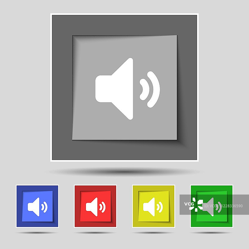 原始五色按钮上的扬声器音量、声音图标符号矢量图图片素材