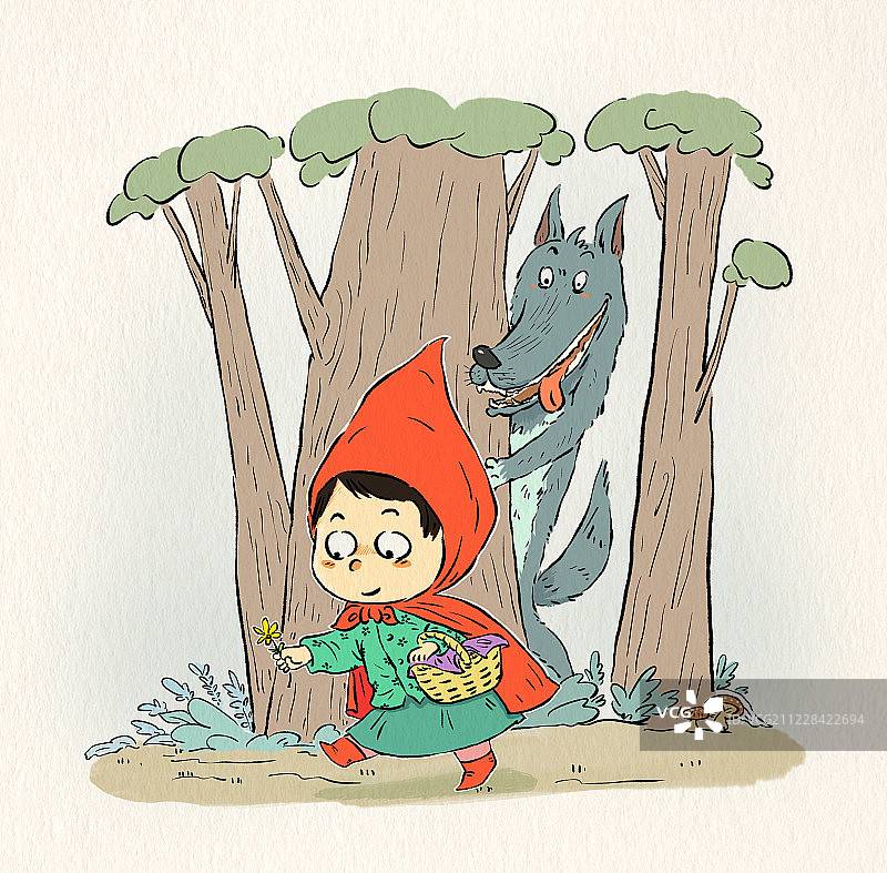 童话故事小红帽看外婆大灰狼和猎人的插画图片素材