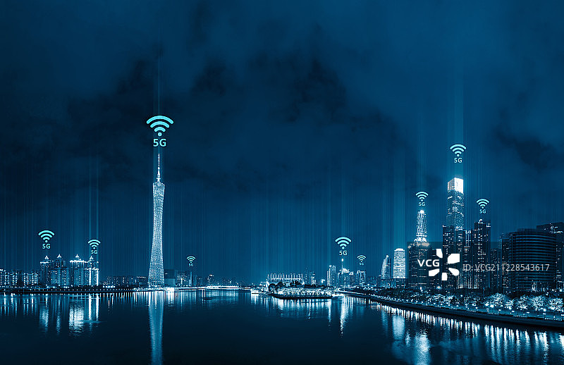 5G概念的广州地标建筑夜景图片素材