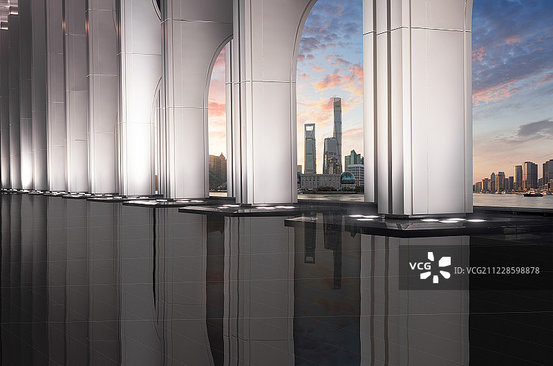 现代建筑白色柱子与城市天际线图片素材