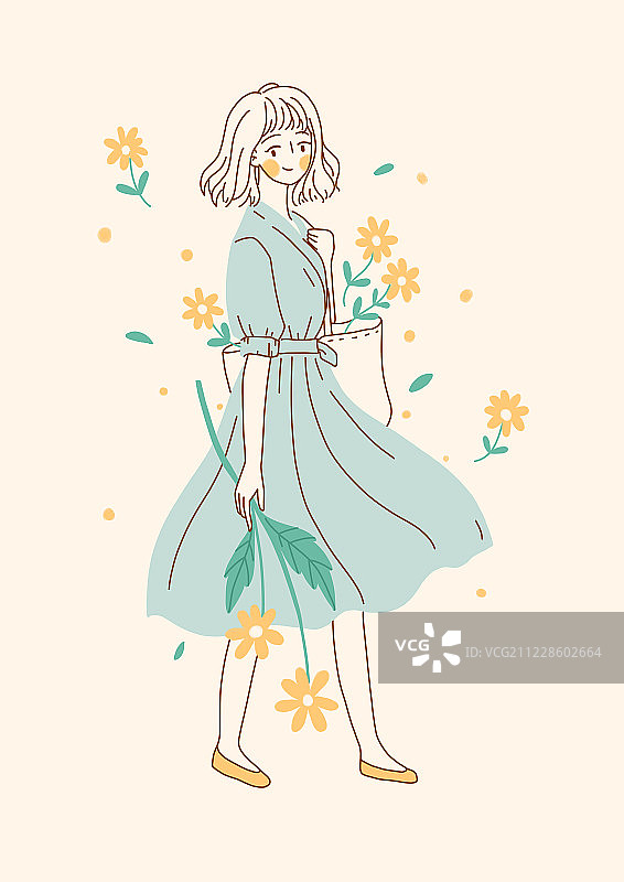 简约文艺的小清新风格，一张扁平风的女孩图片素材