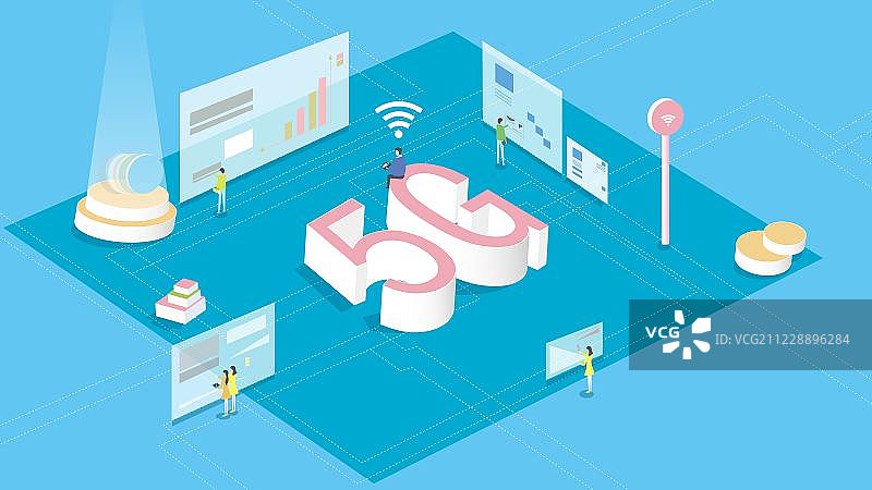 立体的5G数字和生活化办公概念插画 2.5D矢量插画图片素材