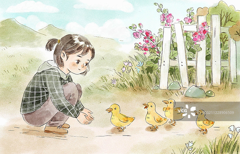 小女孩和小鸭子水彩插画图片素材