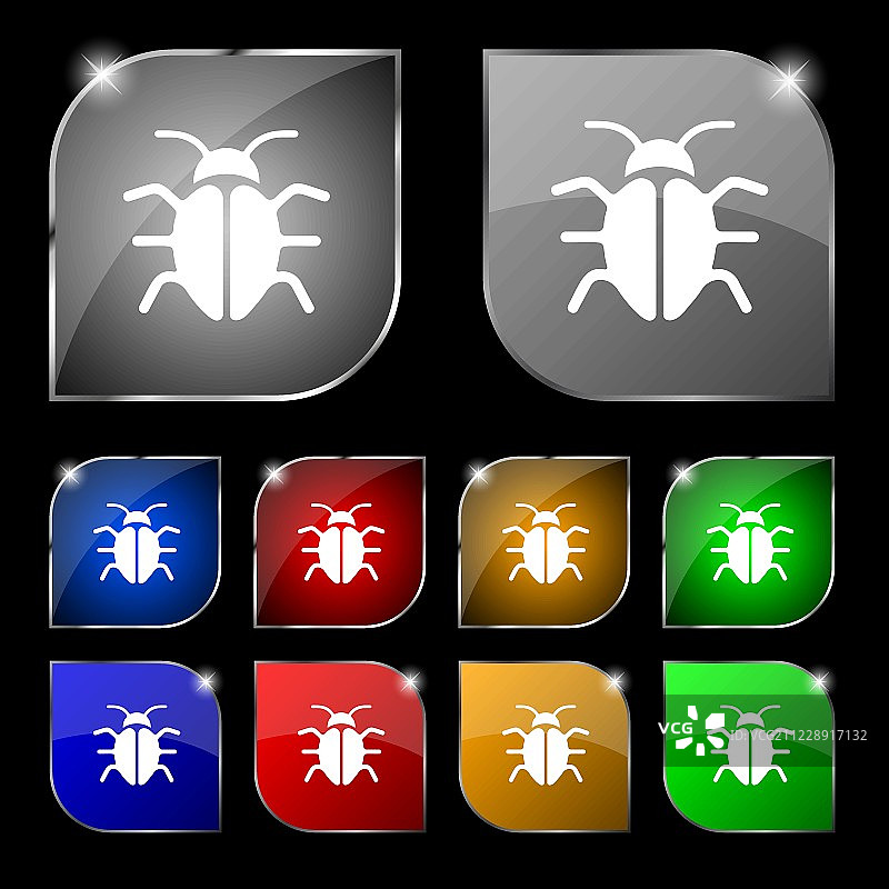 昆虫、病毒图标标志。一组带有眩光的彩色按钮。矢量图图片素材
