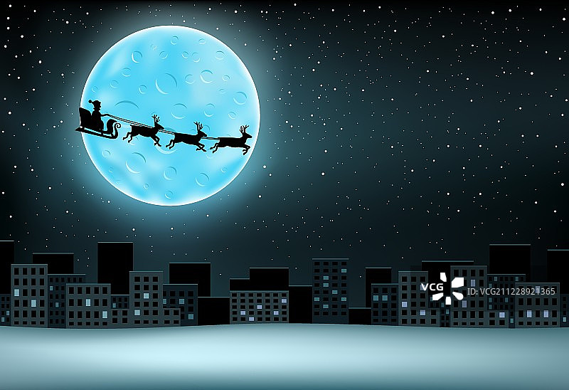 圣诞老人飞过月亮城市图片素材
