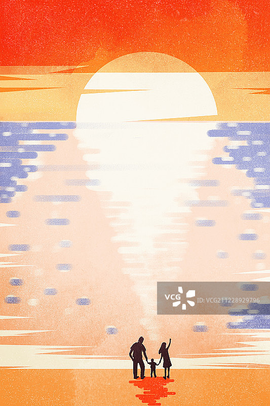 一家三口观看海边日出插画图片素材