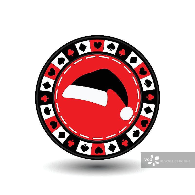赌场扑克筹码圣诞新年主题，帽子黑红筹码，菱形、梅花、红桃和黑桃图案，EPS 10矢量素材，适用于网站、设计、装饰、印刷等图片素材
