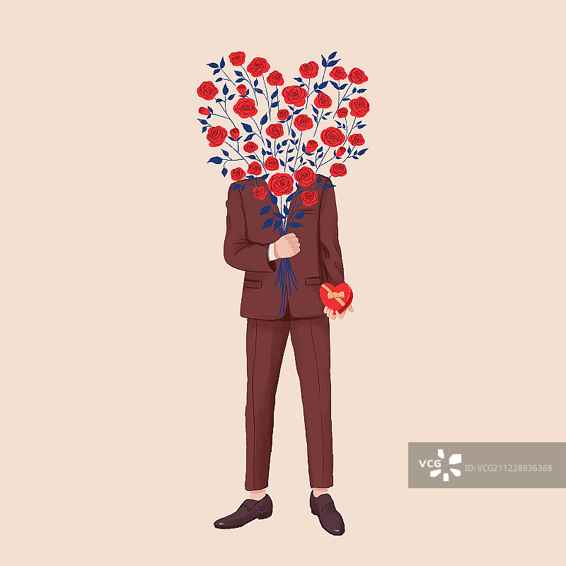 情人节快乐——手持心型玫瑰和礼物的男人图片素材
