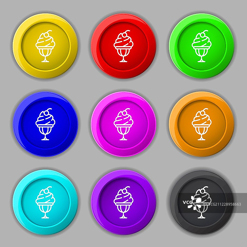 冰淇淋图标标志，九个圆形彩色按钮上的符号图片素材