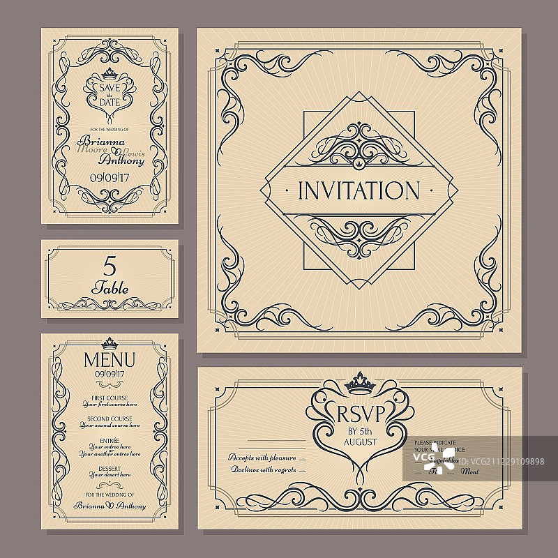 复古书法婚礼卡片合集图片素材