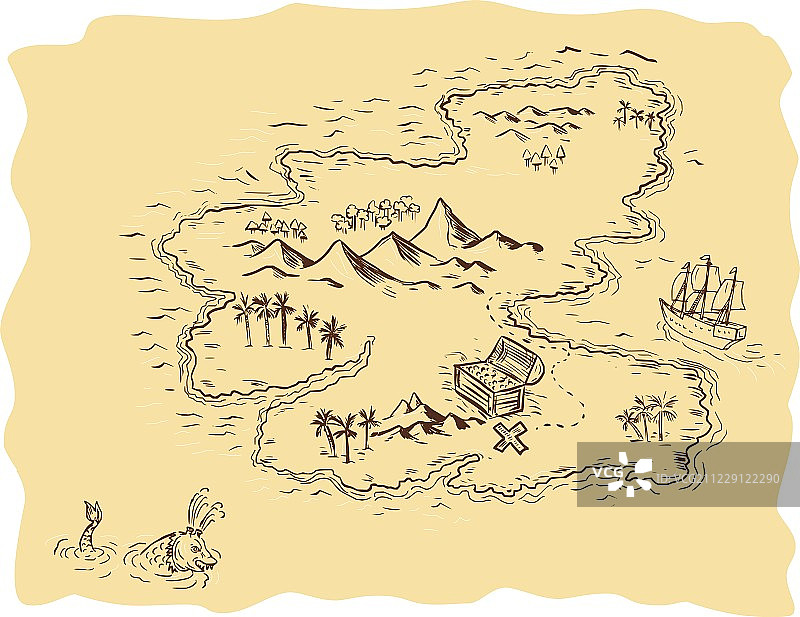 海盗藏宝图帆船绘画图片素材