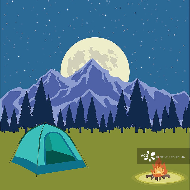 篝火旁的帐篷，背景为黑夜森林。户外野营概念，夏季旅行，休闲极限运动，卡通矢量插画。图片素材