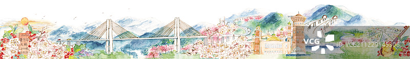 水彩手绘城市旅游全景风景建筑地图中国果子沟大桥最美桥梁图片素材