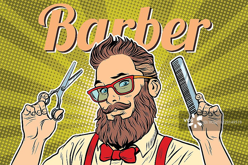 手持剪刀和梳子的胡须时髦理发师图片素材