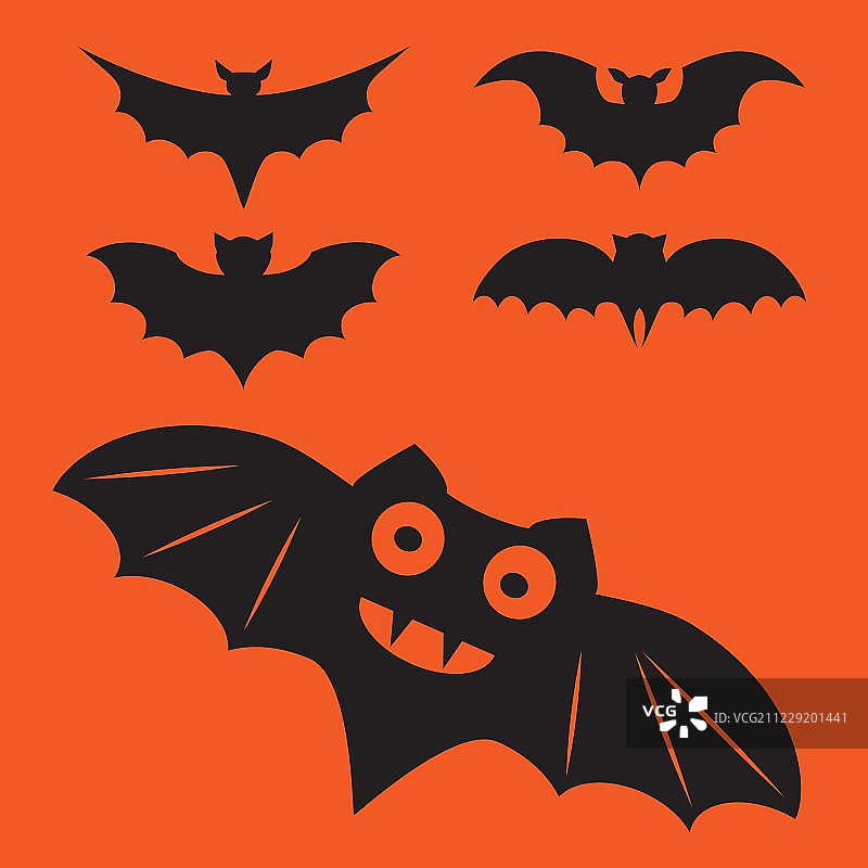 万圣节神秘吸血鬼剪影矢量素材：橙色背景中孤立的蝙蝠图片素材