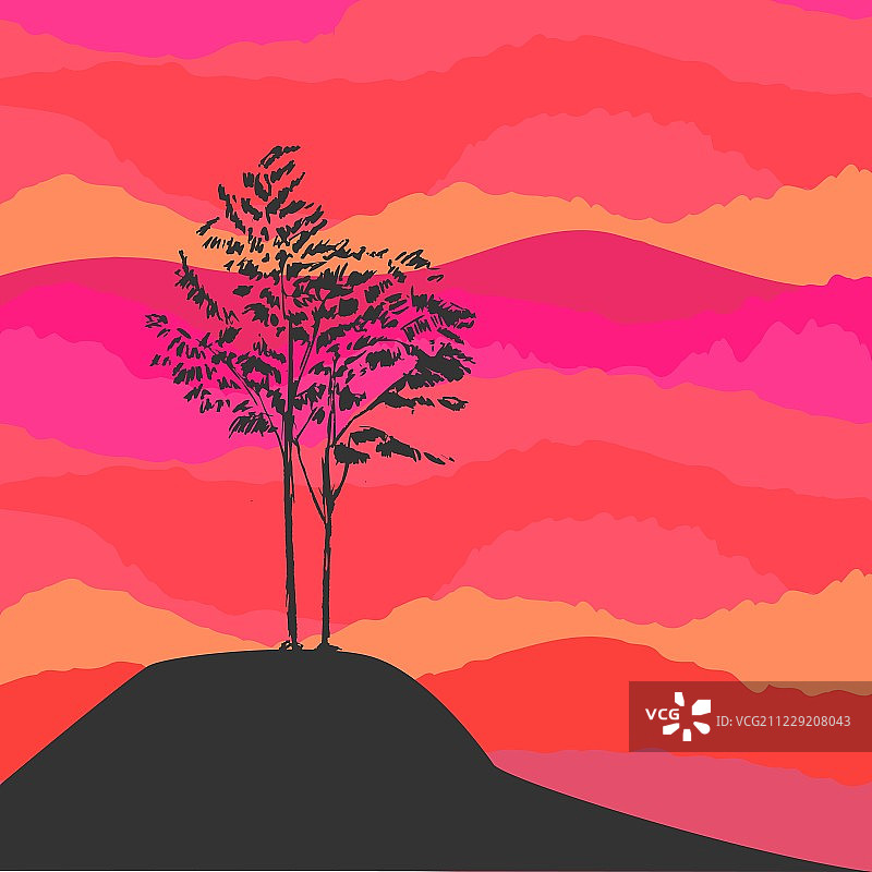 雾蒙蒙背景上手绘黑色无叶树矢量图图片素材