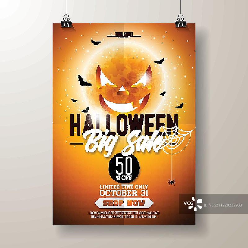 万圣节矢量宣传单插画，橙色背景，可怕的月亮和飞蝙蝠，假日设计模板，提供优惠券、庆祝banner、代金券或促销海报图片素材