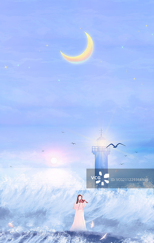 傍晚美丽少女站在海岸拉小提琴，灯塔照耀远方为船只指引方向插画图片素材