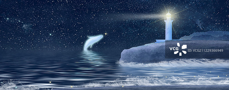 夜晚的星空下星星在闪烁，灯塔照耀远方为迷航的船只指引方向插画图片素材