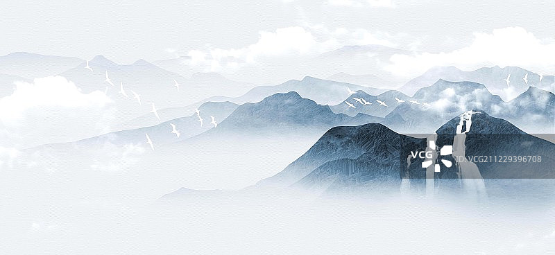 手绘中国风意境水墨山水图片素材