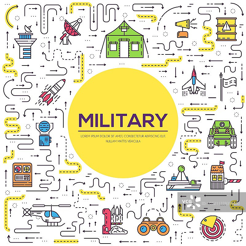军事基地火箭武器和车辆细线图标集图片素材