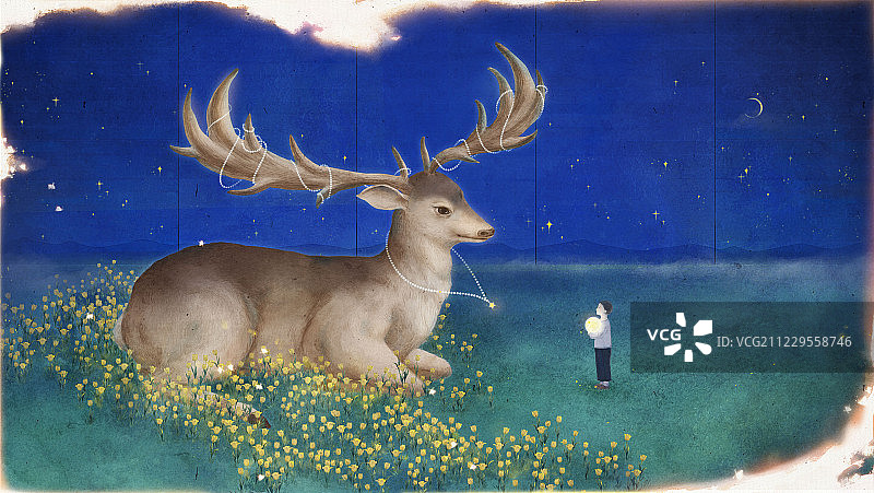 插画板绘鹿与男孩图片素材