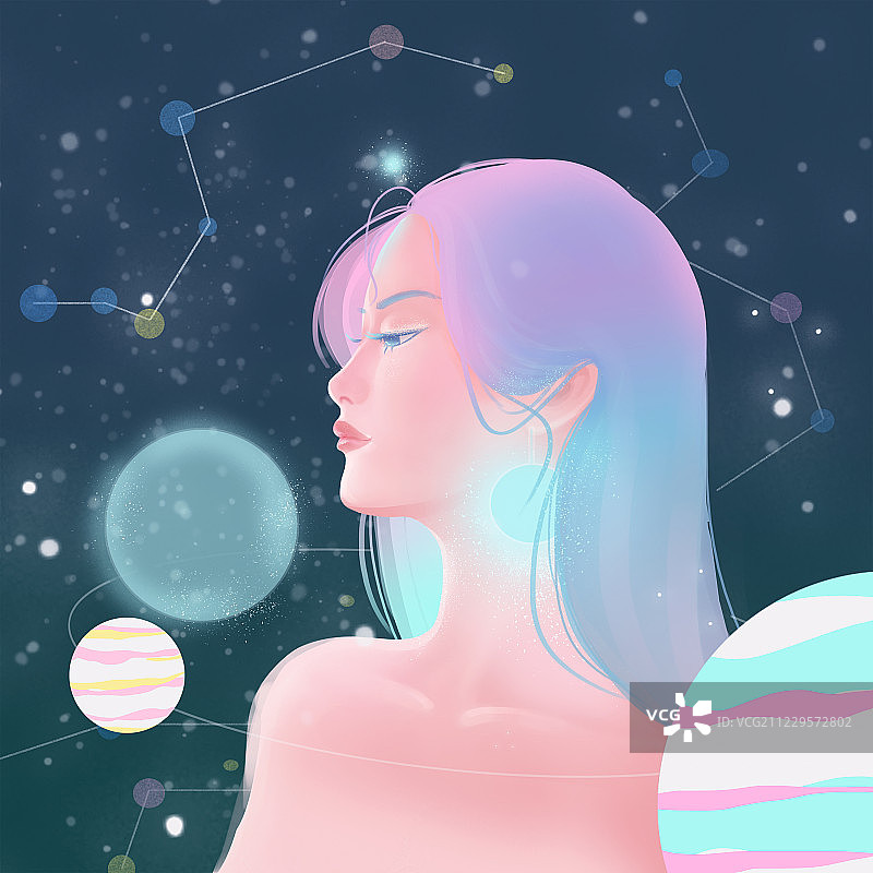 唯美清新原创女孩星球板绘插画图片素材