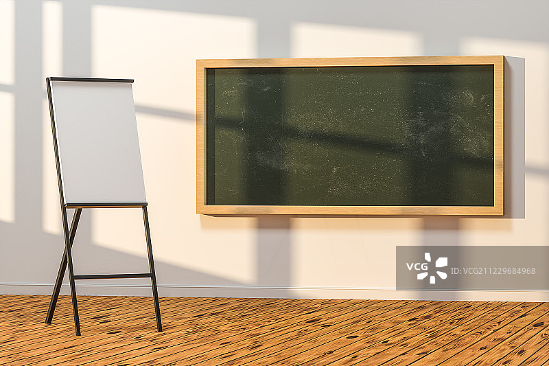 明亮的教室前面的黑板与画板，三维渲染图片素材
