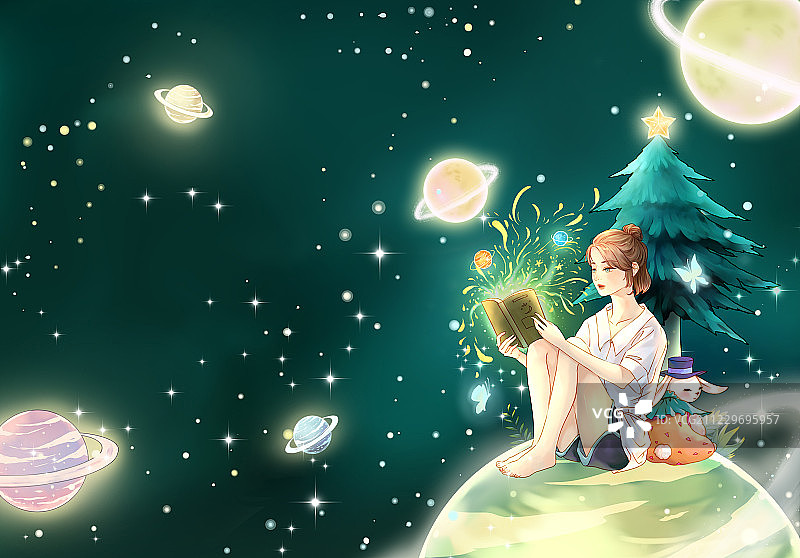 做在星球上看书的女孩旁边还有兔子和圣诞树图片素材
