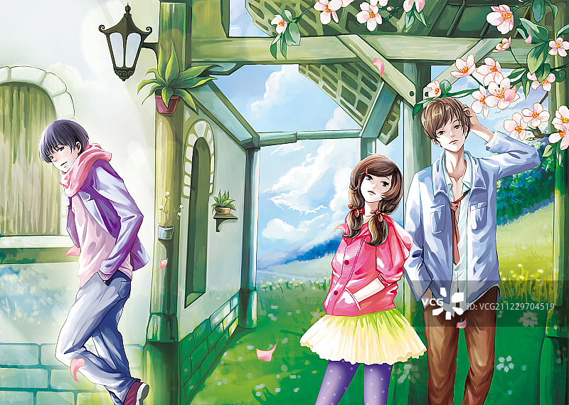 在郊外踏青的三名初中男女生图片素材