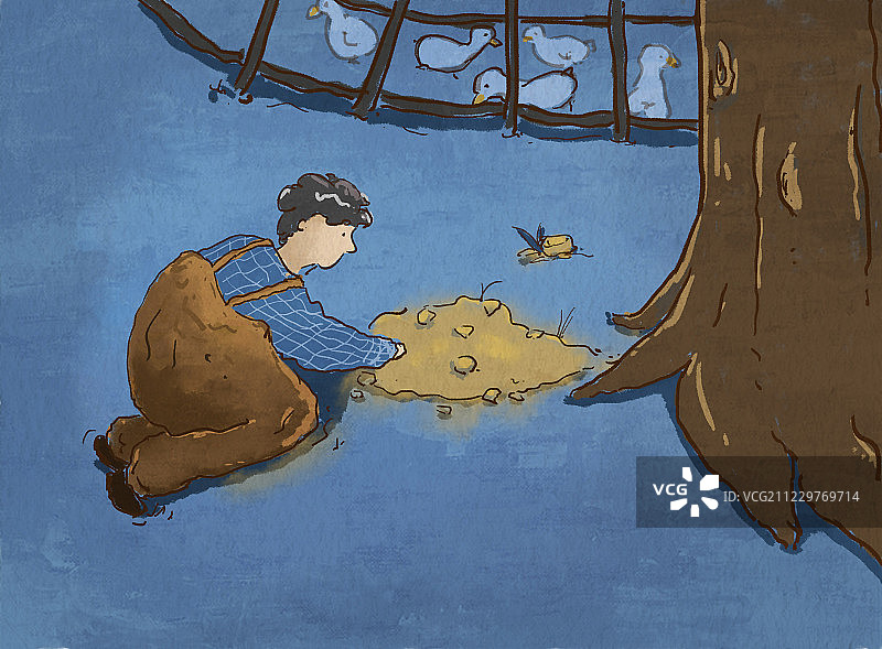 小男孩把打死的鸭子埋在篱笆外的树下图片素材