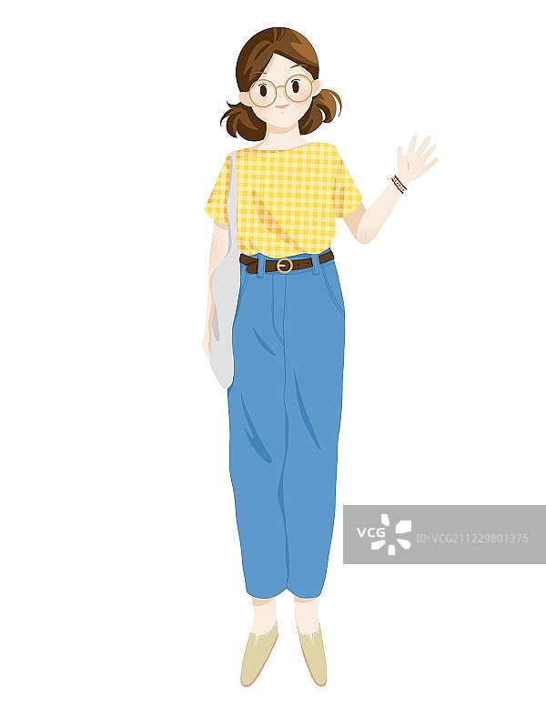 黄色上衣牛仔裤戴眼镜的开心女孩插画图片素材
