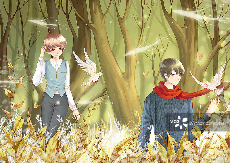 树林下看飞舞鸽子的少年图片素材