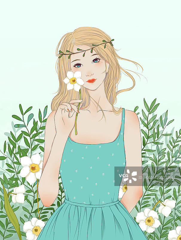 一手拿着花的女孩图片素材