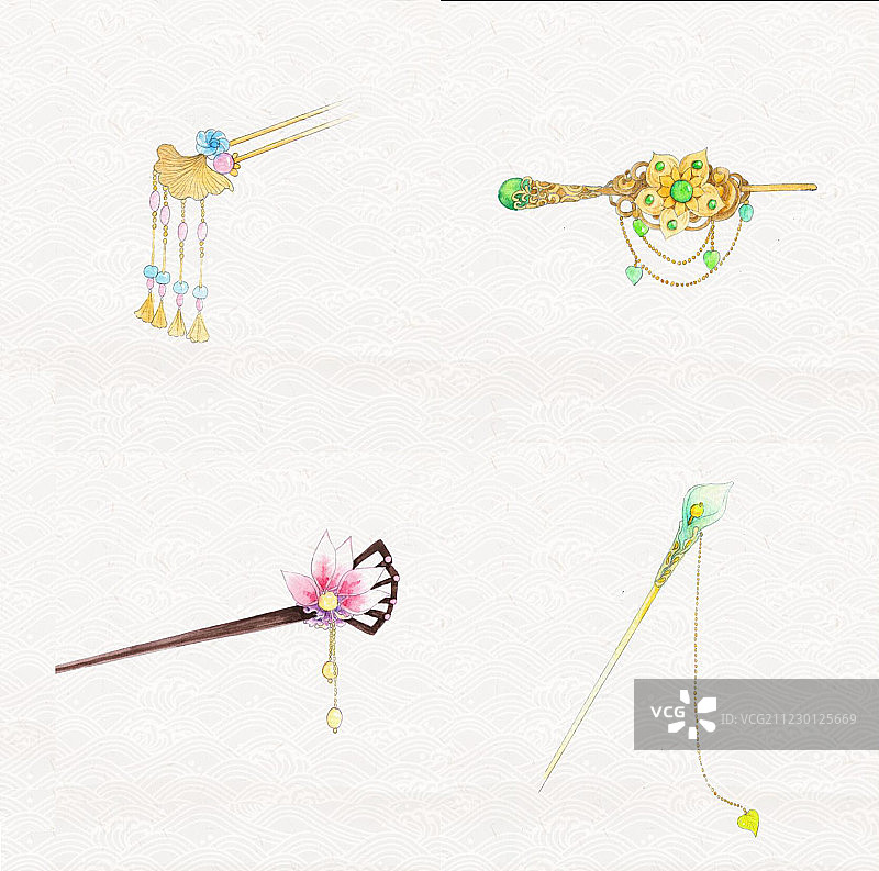 水彩手绘古典发簪插画图片素材