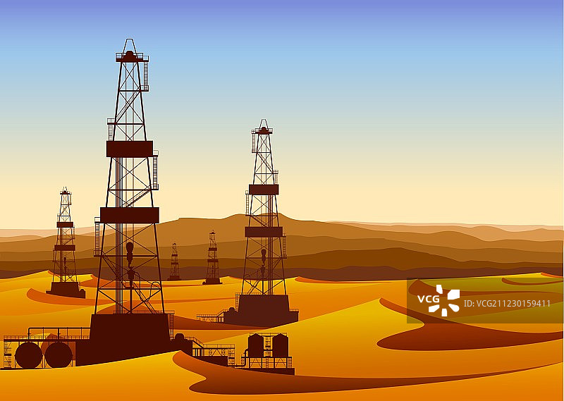 荒漠中的石油钻井平台景观图片素材