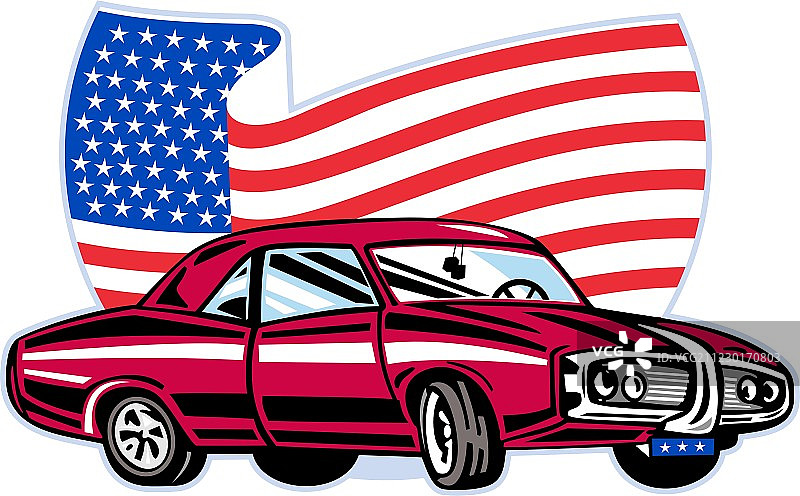 带有旗帜的美国庞蒂亚克肌肉车图片素材