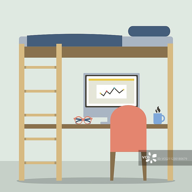 扁平设计空双层床与工作区图片素材
