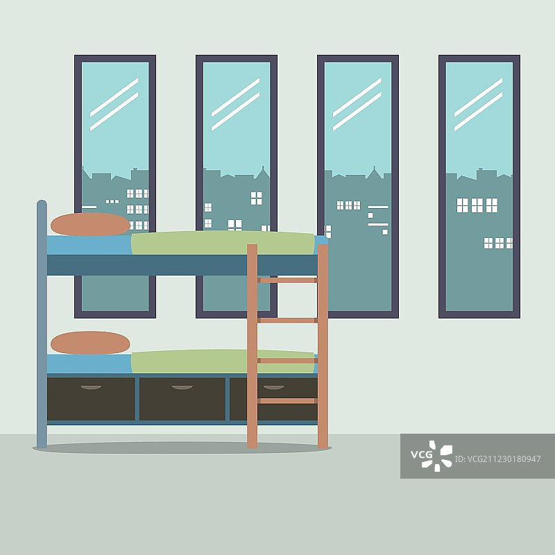 带四个玻璃窗的双层床侧视图图片素材
