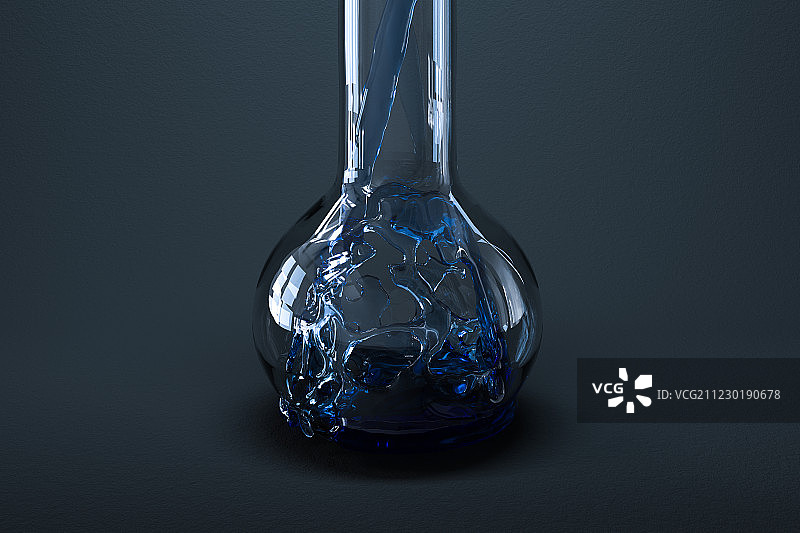 实验室的化学仪器烧瓶和倒入的液体，三维渲染图片素材