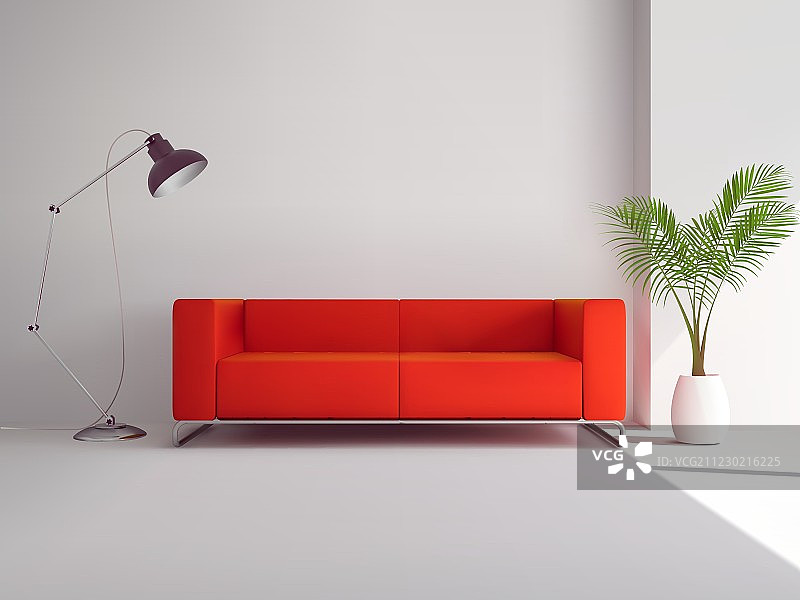 带有落地灯和棕榈树的红色沙发图片素材