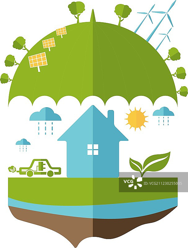 雨伞与地球及图标的概念图片素材