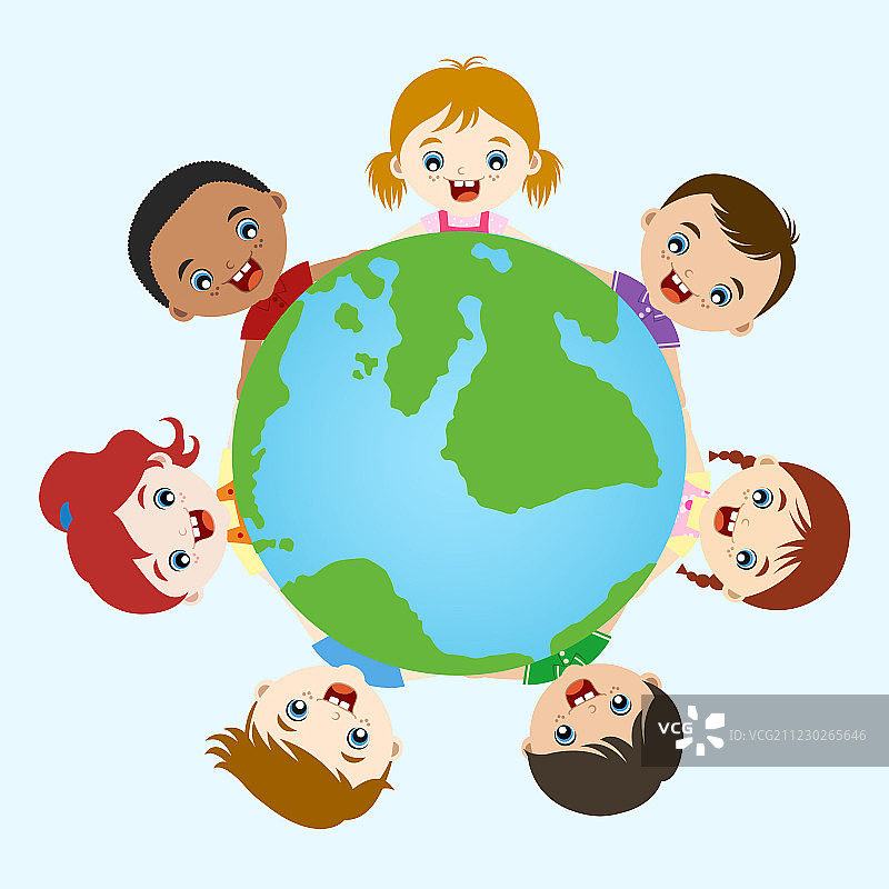 手牵手站立在地球上的多元文化儿童图片素材
