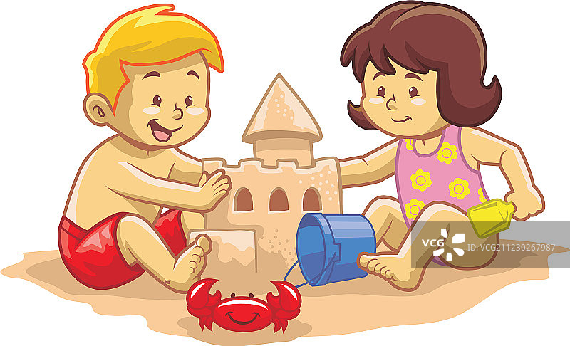 孩子们建造沙堡图片素材