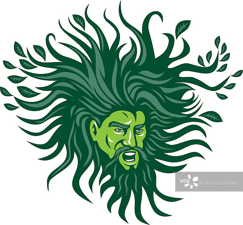 绿人头像，头发为流动树叶卡通图片素材