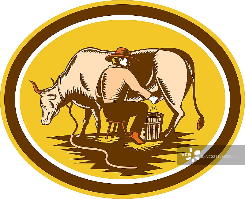 农民给奶牛挤奶椭圆形木刻图片素材