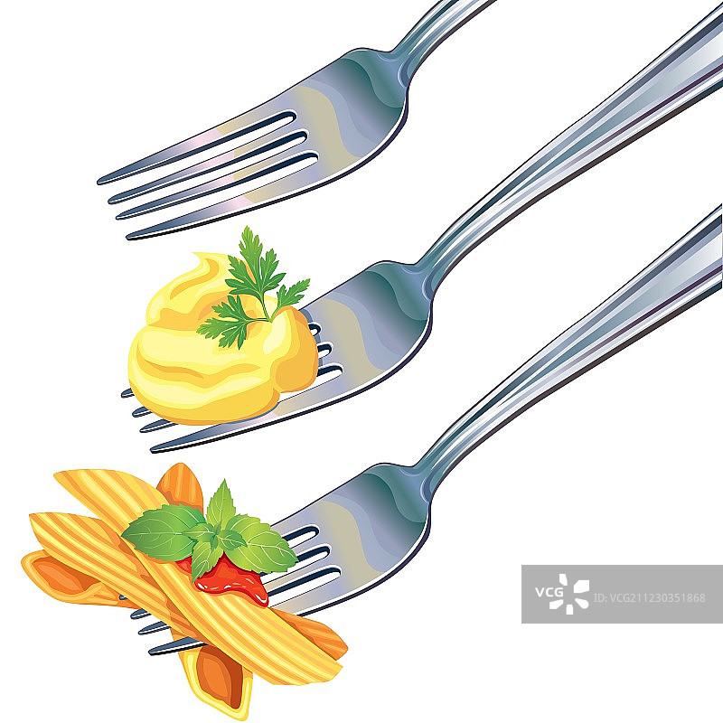 叉子上的意大利面和土豆泥图片素材