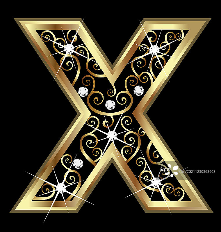 带有涡旋装饰的X金色字母图片素材